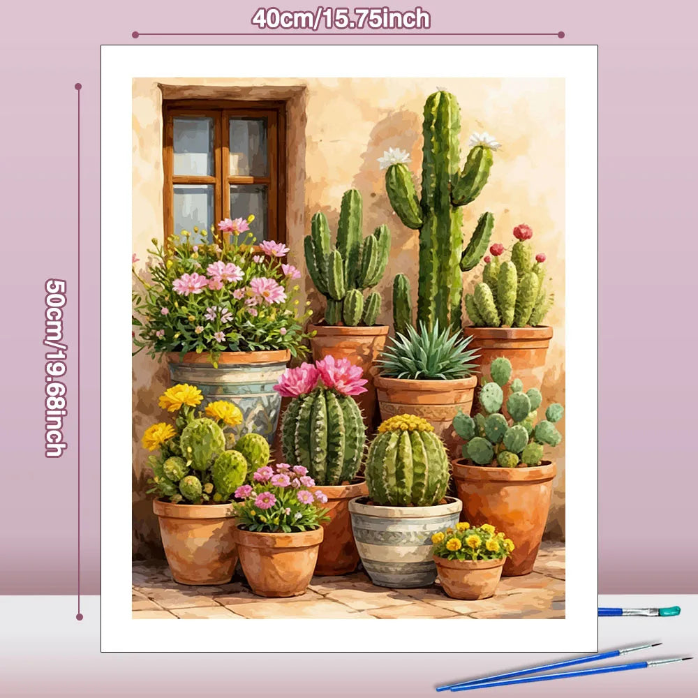 tableau peindre cactus fleurs multicolore vert jaune rose bleu art rue paysage urbain diy
