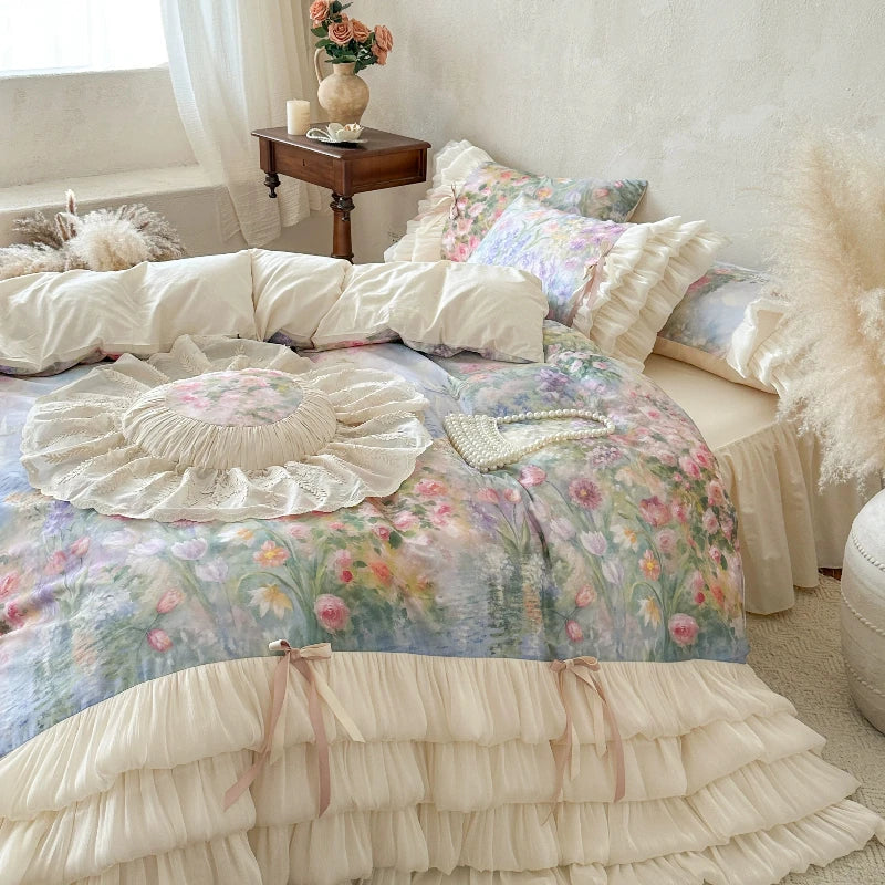 drap housse coton floral vintage romantique pastel 4pièces cœur beige clair