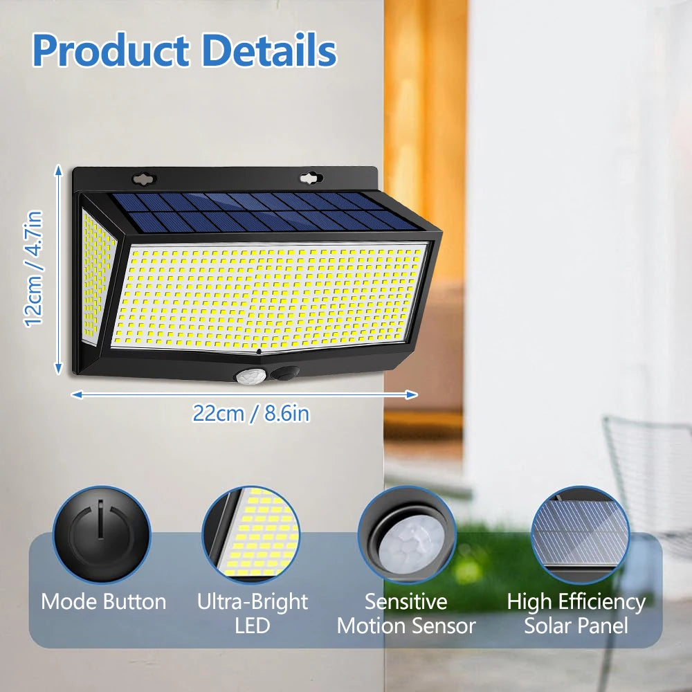 lampe solaire moderne 528 led noir bleu blanc capteur mouvement ip65 étanche
