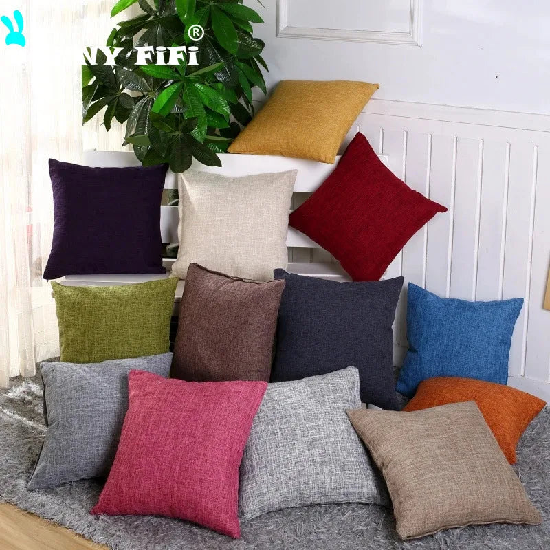 housse coussin carré coton lin moderne couleur unie beige marron rouge vert bleu orange