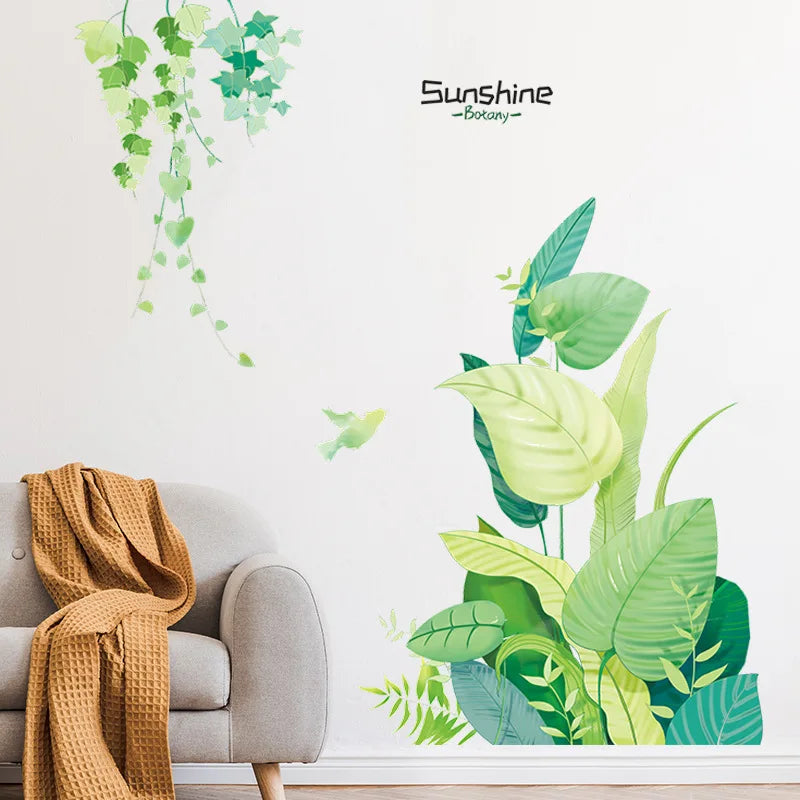 sticker mural botanique moderne feuilles vigne plantes tropicales oiseaux stylisés aquarelle pièces