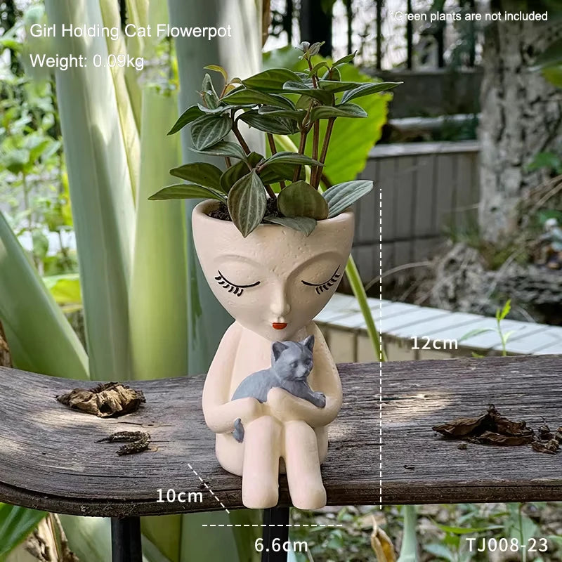 pots fleurs résine figurine fille chat plantes vertes décoration jardin moderne