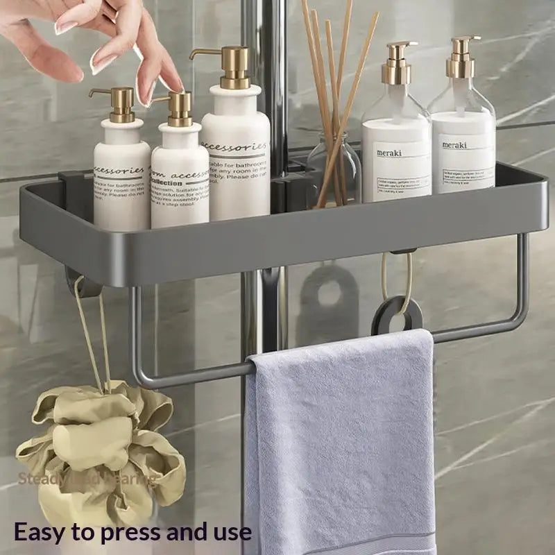 étagère salle bain moderne métal noir gris argenté fixée bouteilles savon parfum serviette gant
