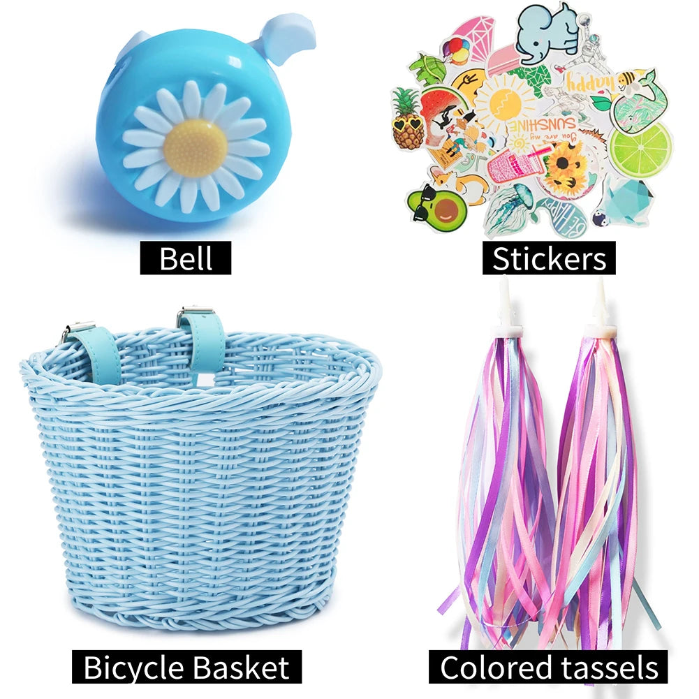 panier vélo tissé osier bleu clair classique ceintures cuir enfants accessoire vélo