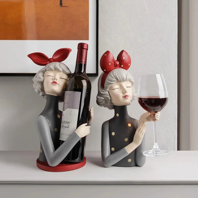 figurine moderne buste féminin support bouteille vin verre décor maison chic artistique transparent rouge