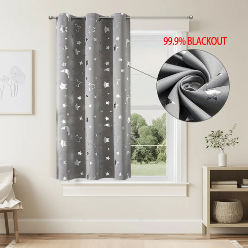rideau occultant bleu marine motif étoiles lunes argentées anneaux métalliques salon chambre moderne polyester