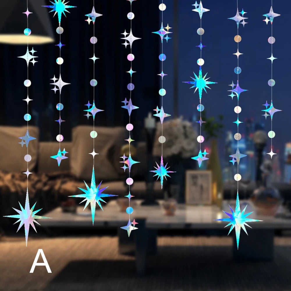 décoration suspendue guirlande lumineuse étoiles holographiques moderne bleu argenté violet rose blanc