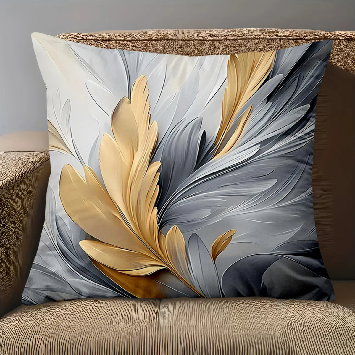 coussin décoratif contemporain motif floral abstrait blanc gris doré polyester 45x45cm fixations