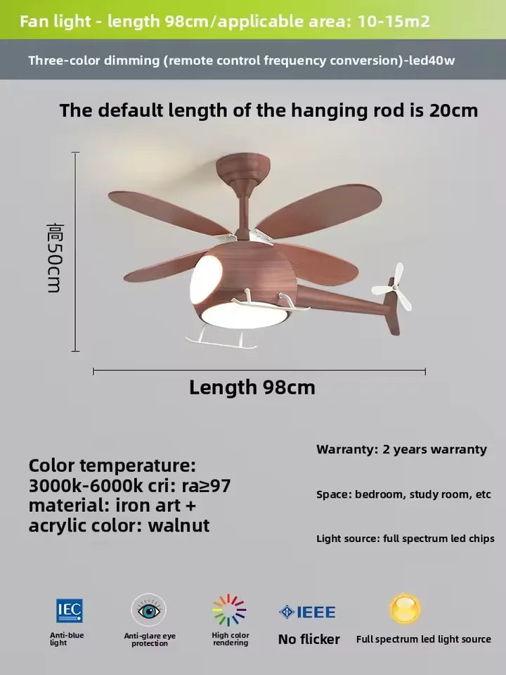 ventilateur intelligent enfants bois lumières led hélicoptère moderne télécommande