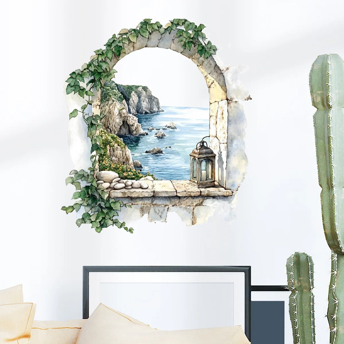 sticker mural paysage marin lanterne végétation grimpante adhésif salon chambre coucher vert blanc gris