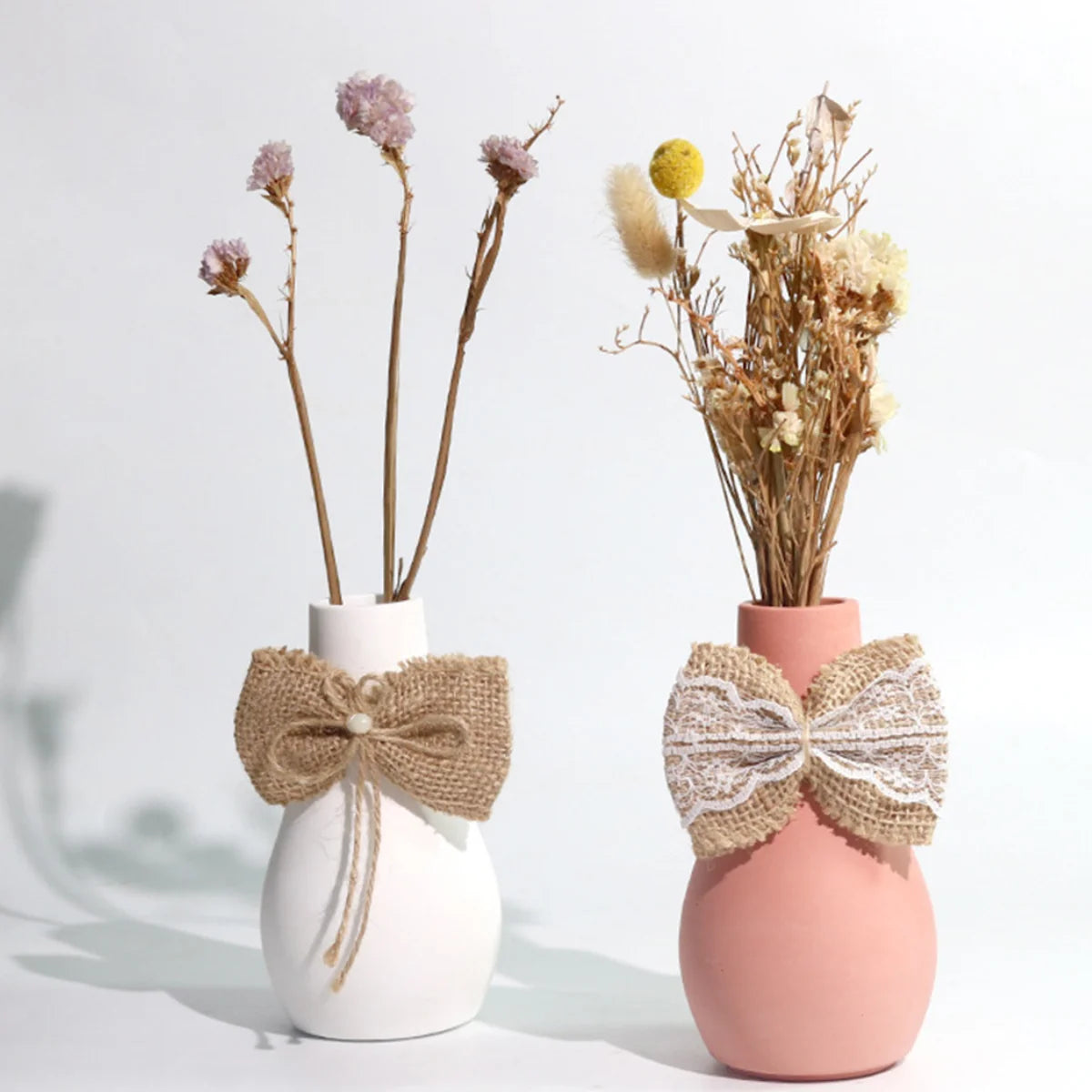 vase silicone blanc vert pastel rose moderne minimaliste texture mat noeud jute fleurs séchées