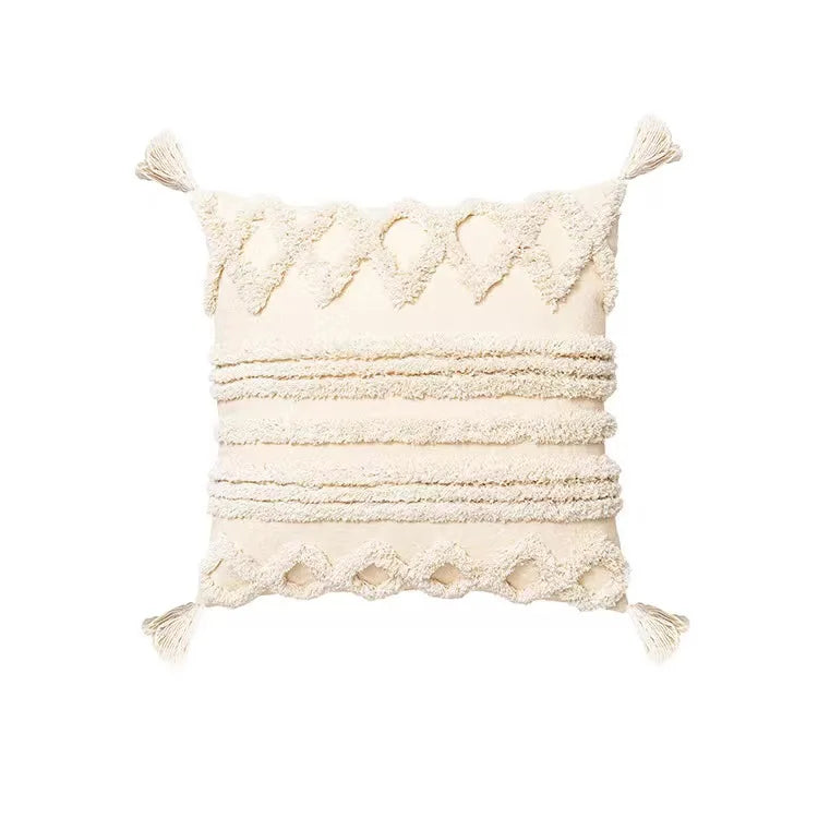 coussin brodé géométrique moderne toile coton couleur beige pompons décoratif