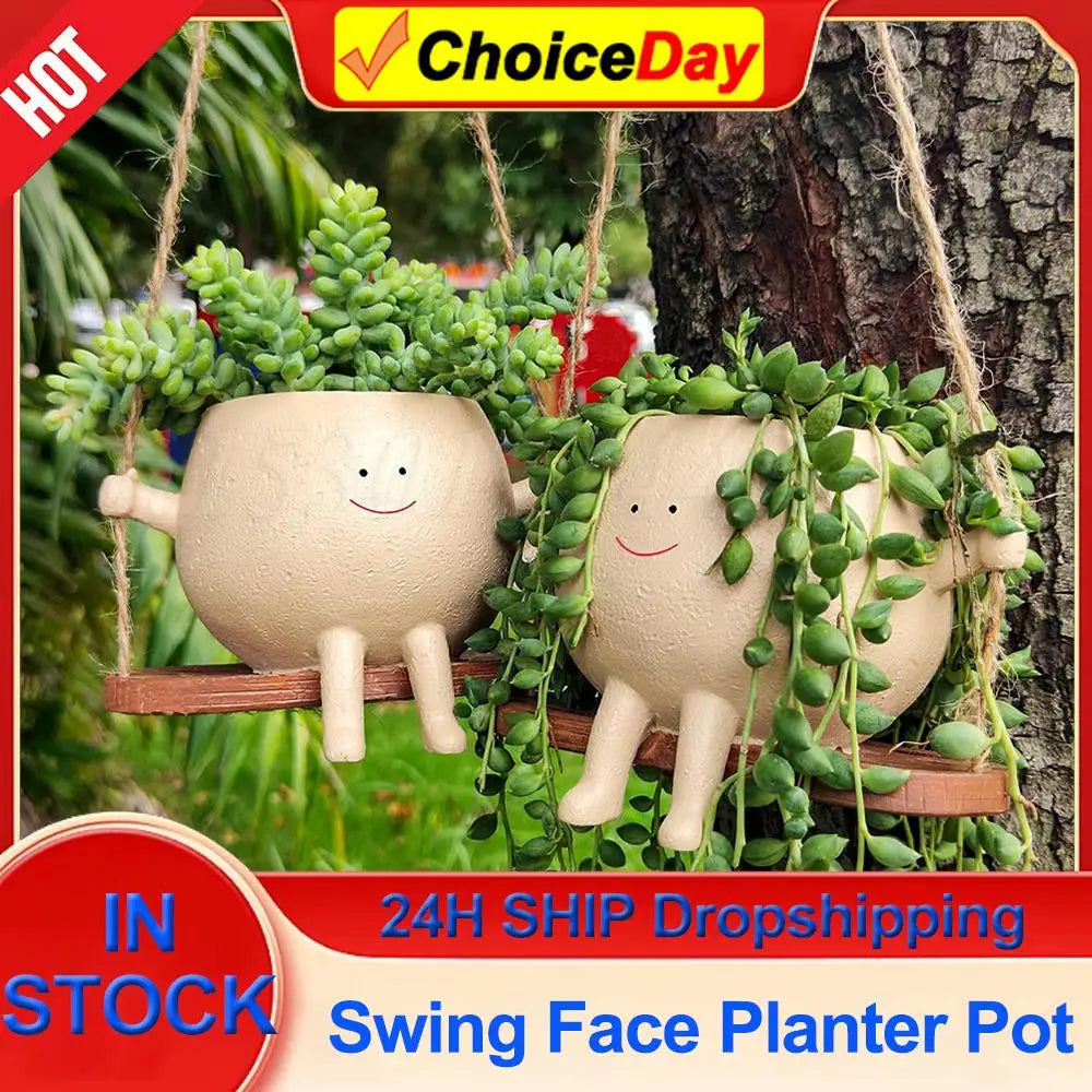 pots fleurs suspendus personnages assis balançoire bois brut plante verte succulente original déco ludiqueextérieurintérieur