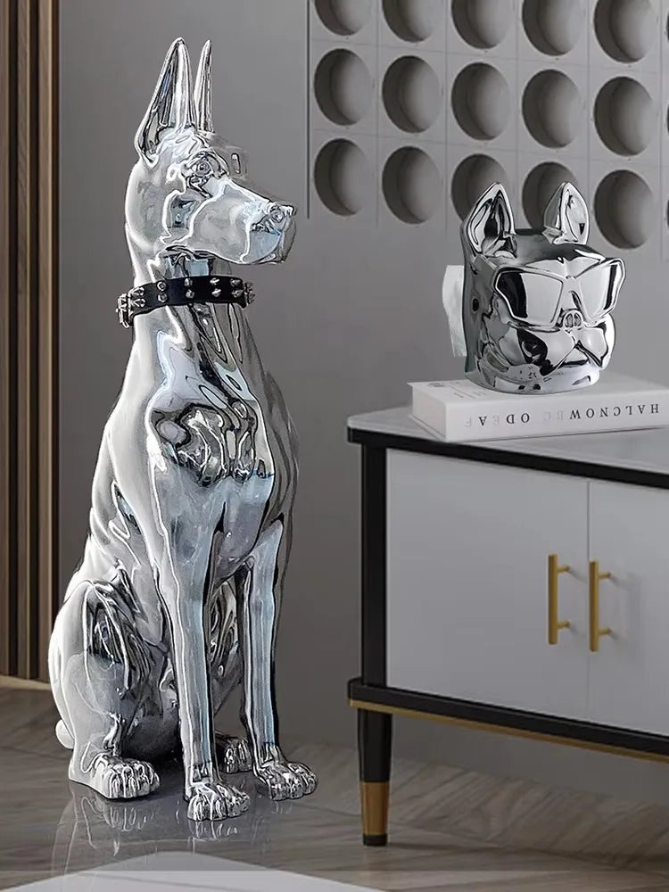 statue moderne chien dobermann bulldog lunettes collier or argent réfléchissant intérieur décoration