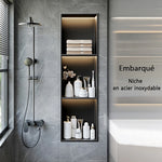 niche rangement acier inoxydable noir moderne quatre niveaux mur lampe intégrée chambre salle bain