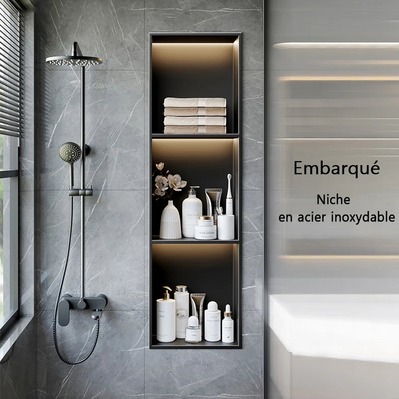 niche rangement acier inoxydable noir moderne quatre niveaux mur lampe intégrée chambre salle bain
