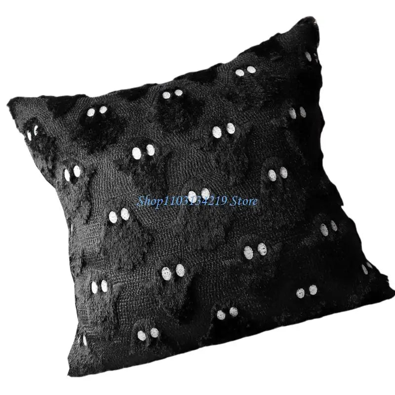 housse coussin halloween fantômes plush noir motif blanc texture veloutée respectueux environnement taie d'oreiller