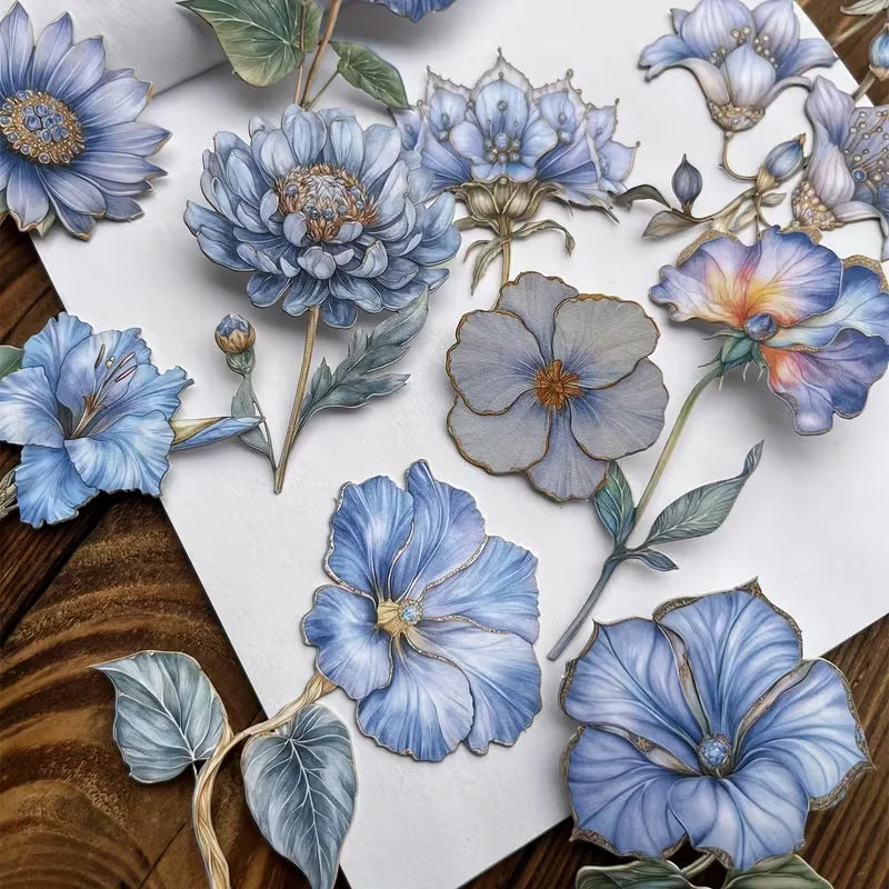 autocollants fleurs artificielles vintage papier épais bleu rose blanc vert détaillées romantiques élégantes
