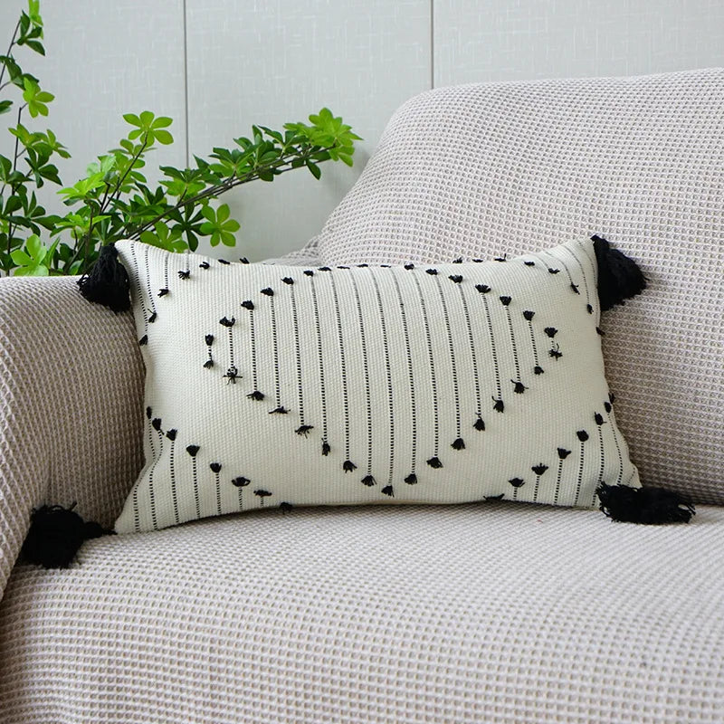 coussin carré boho noir blanc motif géométrique tassel polyester amovible lavable