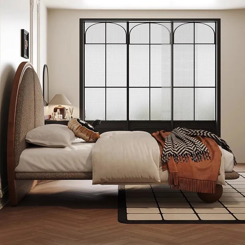 lit moderne 180x200cm bois brun clair tissu beige oreiller couverture draps chambre coucher