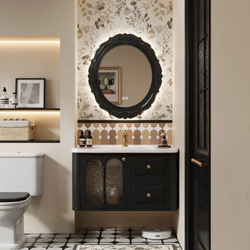 meuble salle bain armoire miroir noir étagères tiroirs bois texture cuir vintage classique fixé