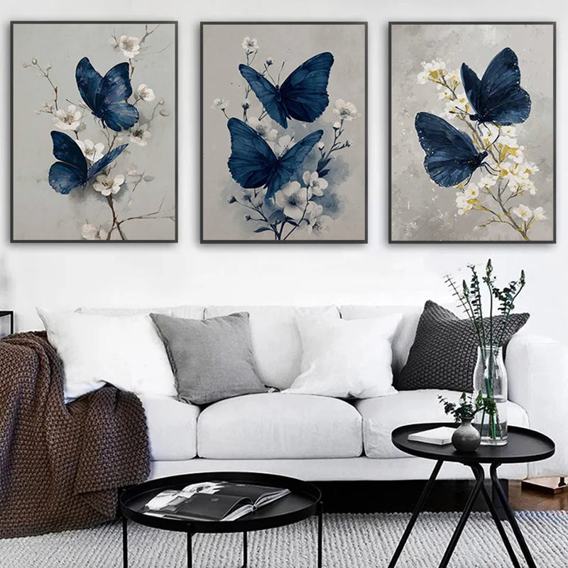 toile d'art moderne papillons bleus branches fleuries naturel bleu marine blanc gris decoration maison