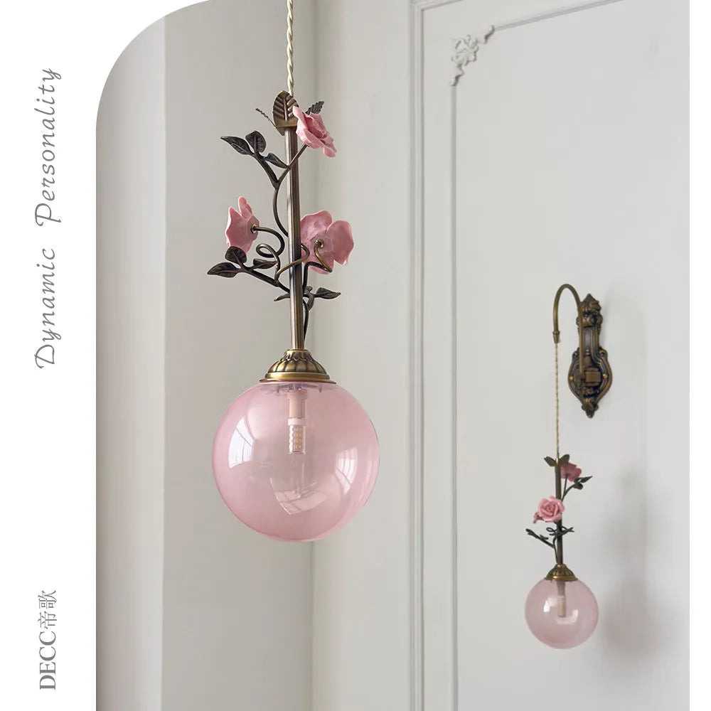 lumière suspendue led rose verre transparent classique floral chambre salon vintage