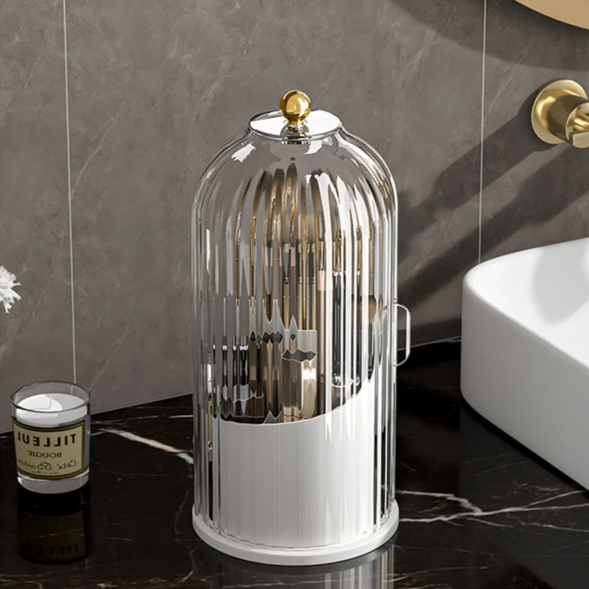 porte pinceaux cosmétiques moderne élégant gris blanc rayures verticales transparent poignées pinceaux tubes produits