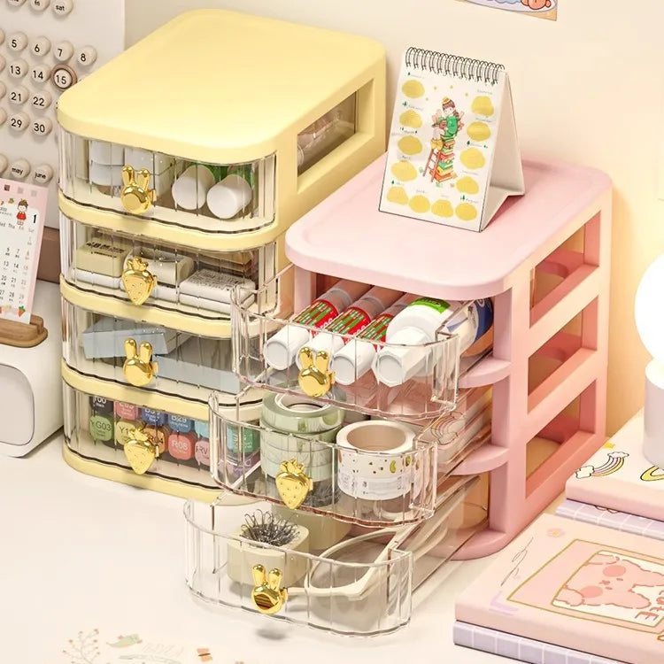 boîte rangement tiroirs transparentes poignées coeurs blanc rose beige