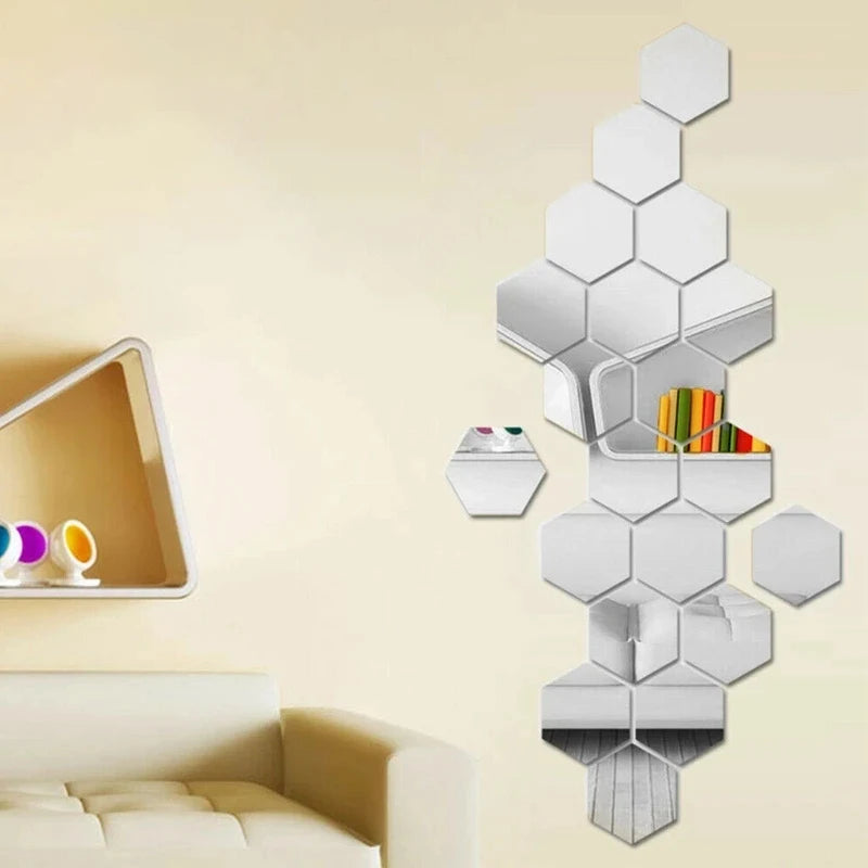 miroirs hexagonaux adhésifs modernes gris clair doré noir brillants 12 pièces