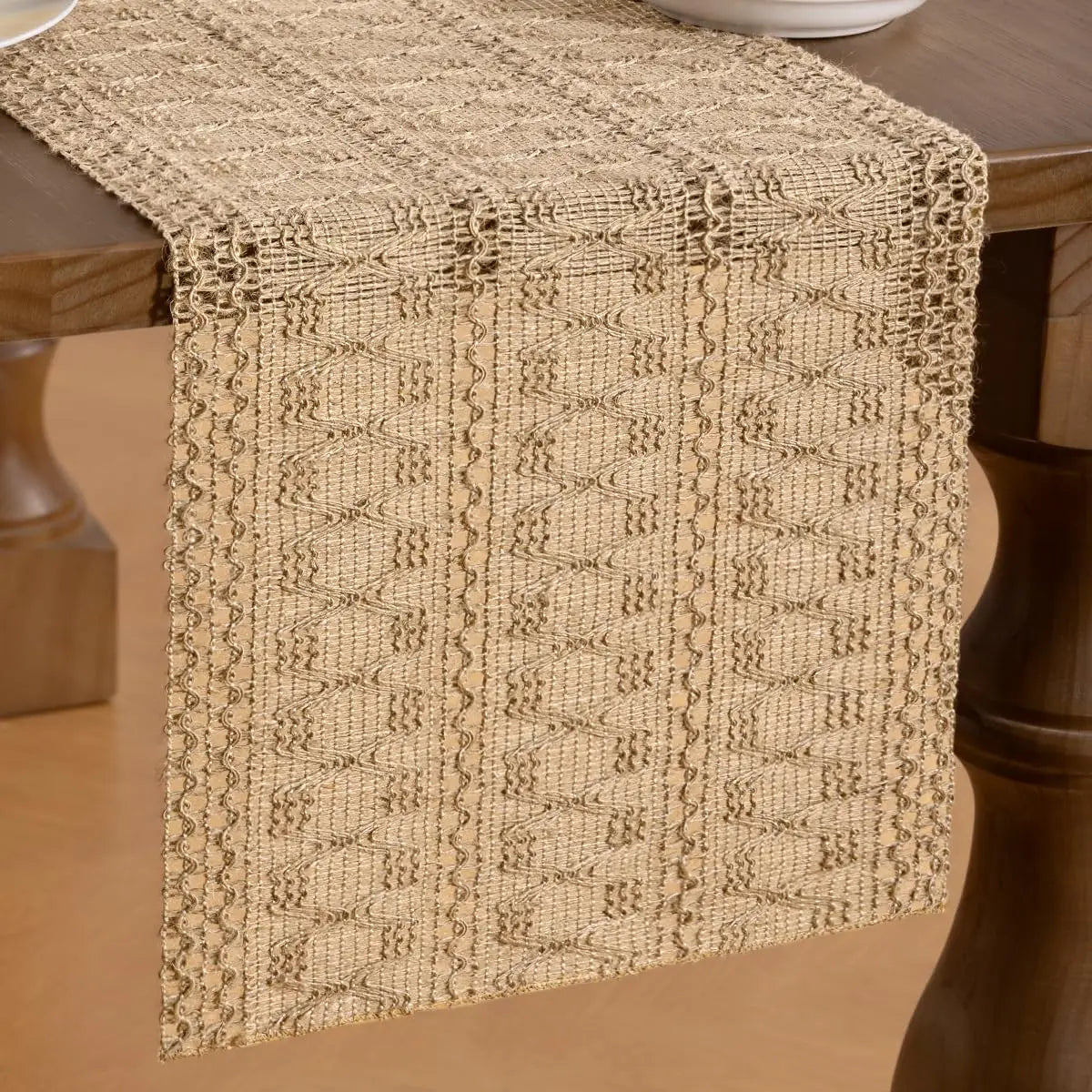 chambre coucher salon chemin table jute tissu rustique géométrique beige clair grande table
