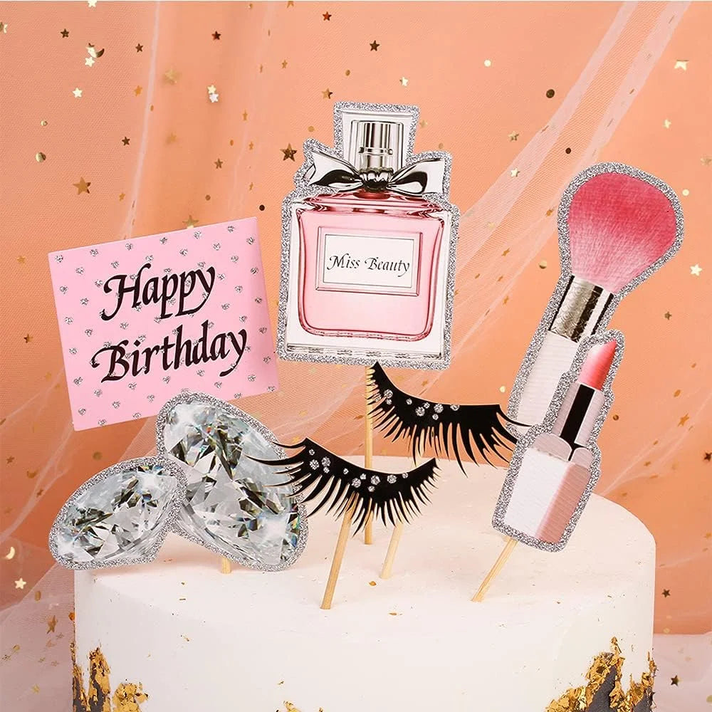 accessoires gâteau glitter strass parfum maquillage cils brosse cartes happy birthday miss beauty festive