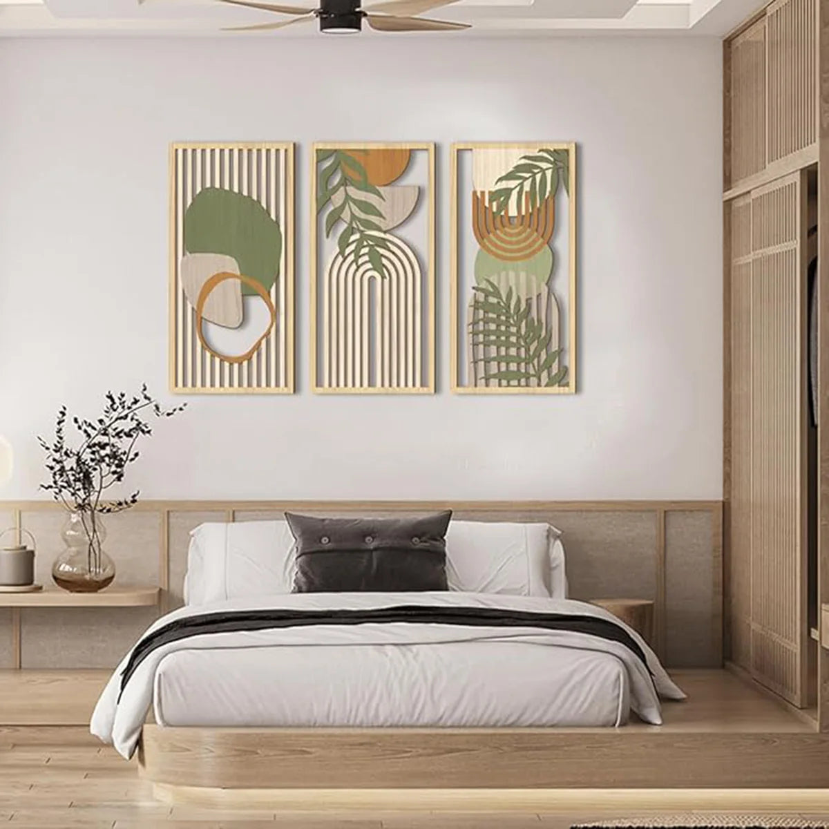 panneaux decoratifs murals bois forme geometrique abstraite boheme moderne vert olive beigeclair orange gris