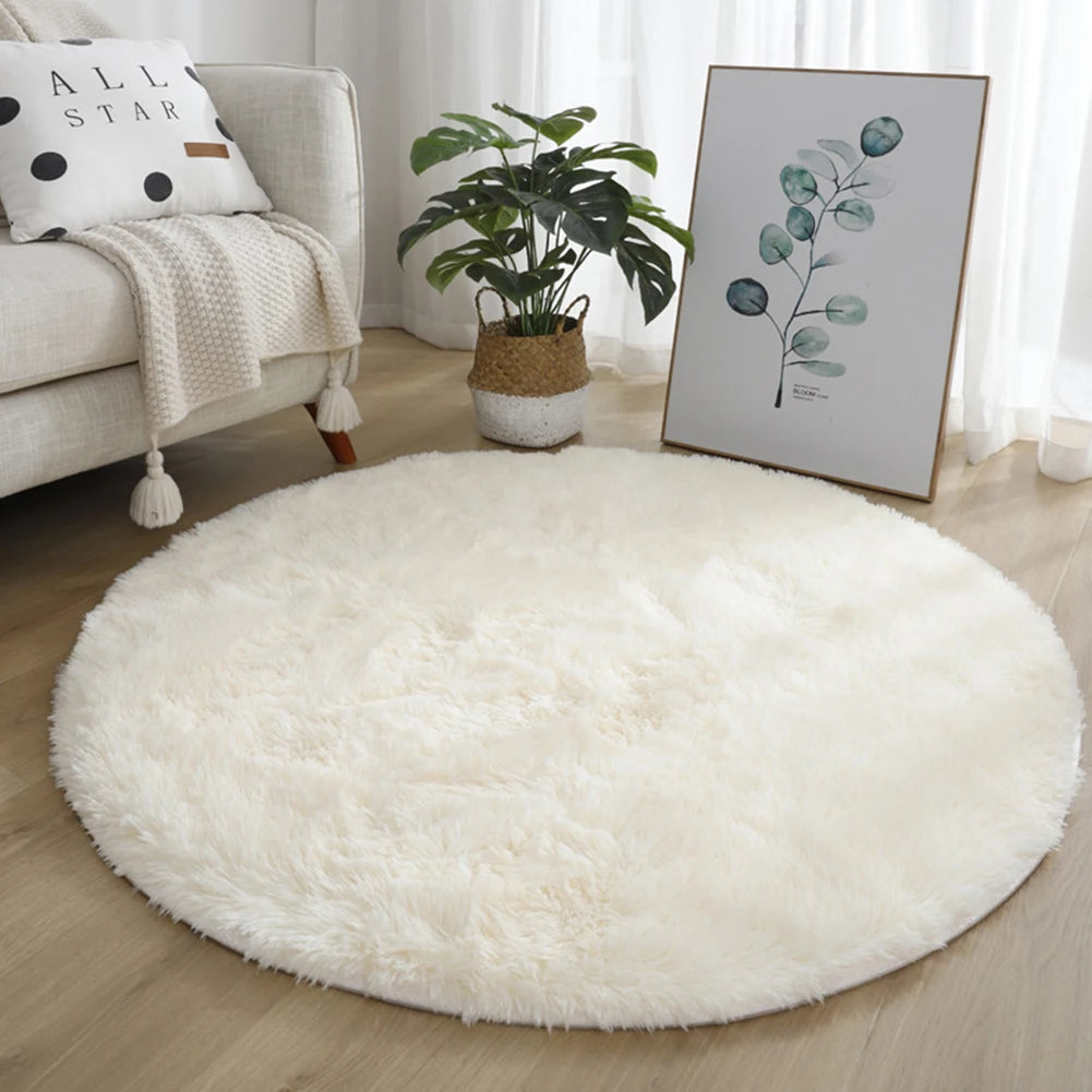 tapis rond doux fourré beige clair moderne chambre salon décoration maison