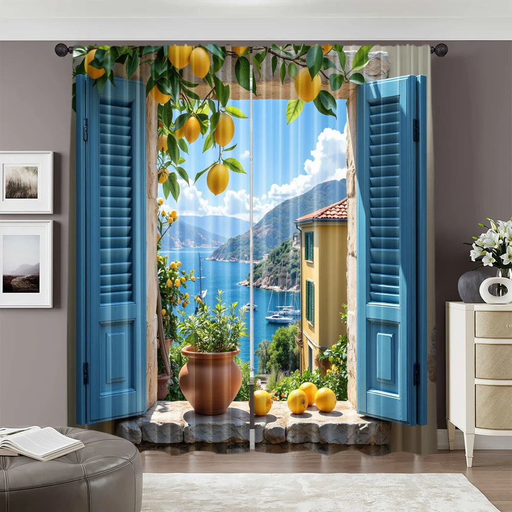 rideau moderne bleu citron feuilles paysage marin pièces polyester annelés