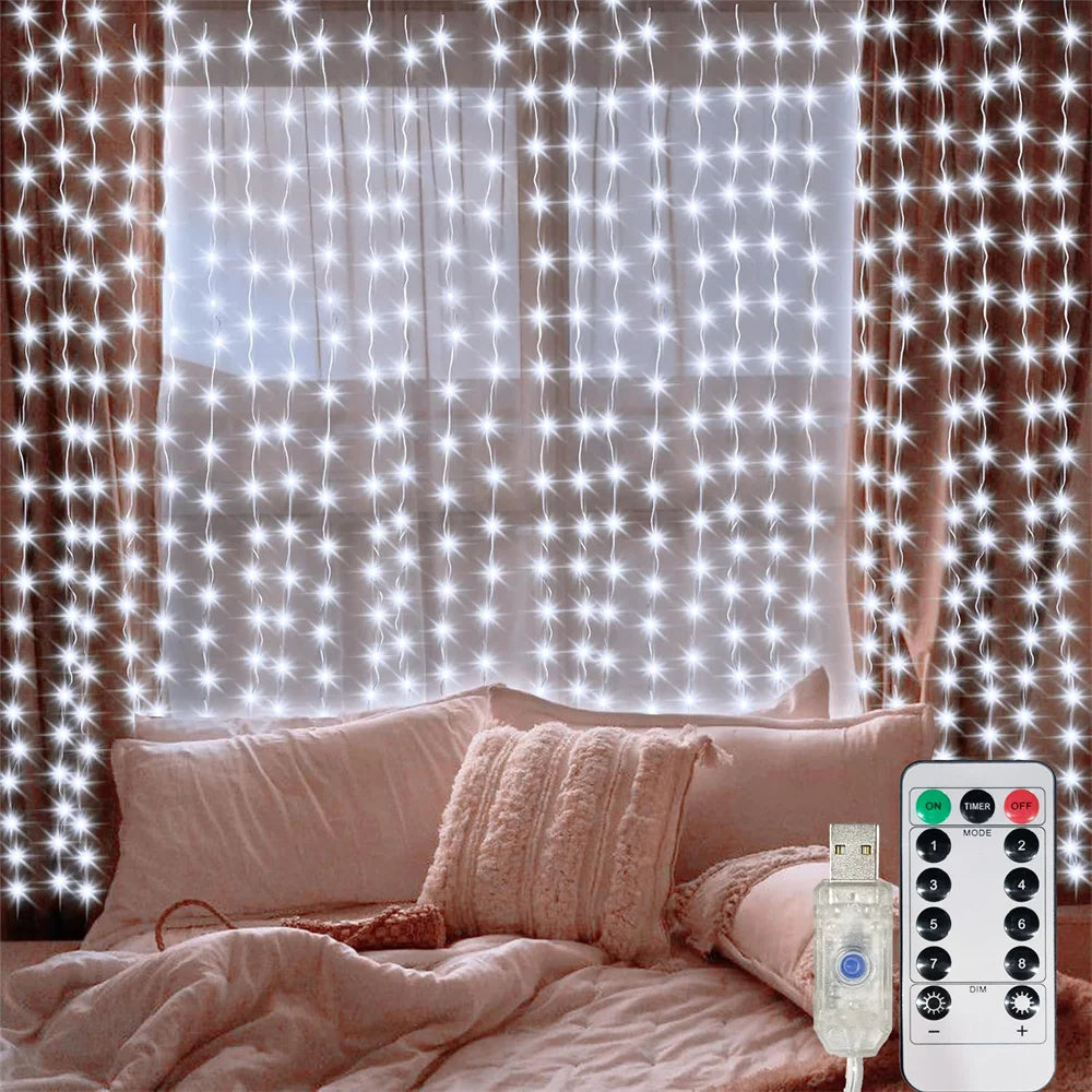 rideau lumineux led blanc moderne 300 leds 3x3m télécommande câble usb