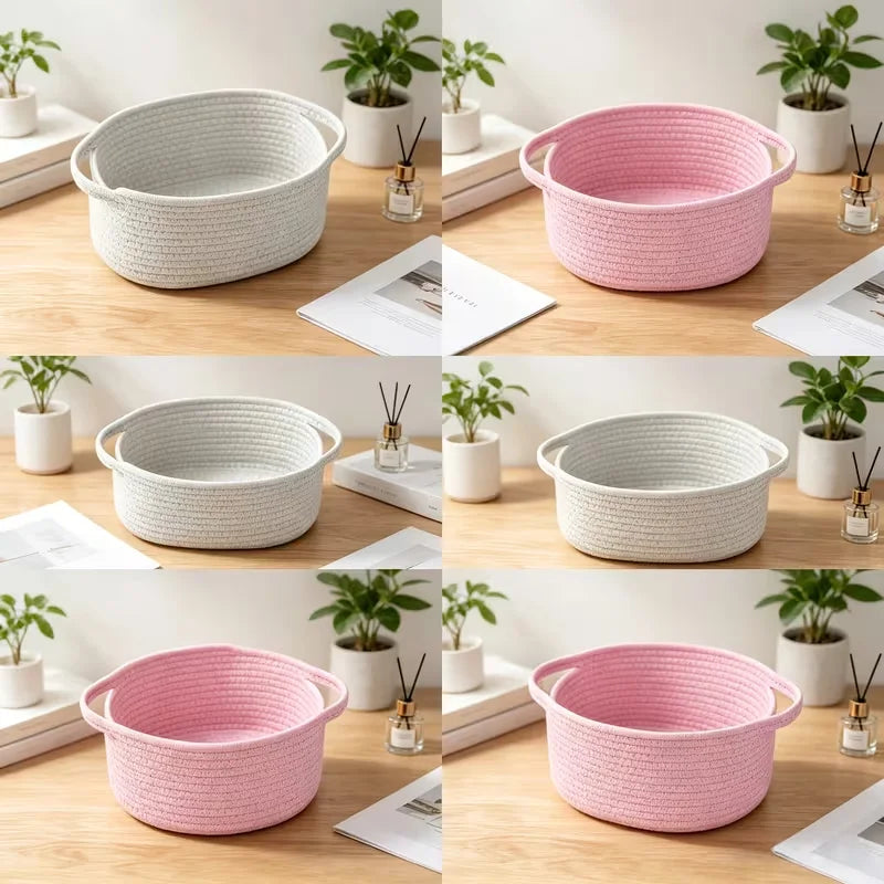 paniers rangement tressés coton scandinave blanc rose minimaliste multifonctionnels