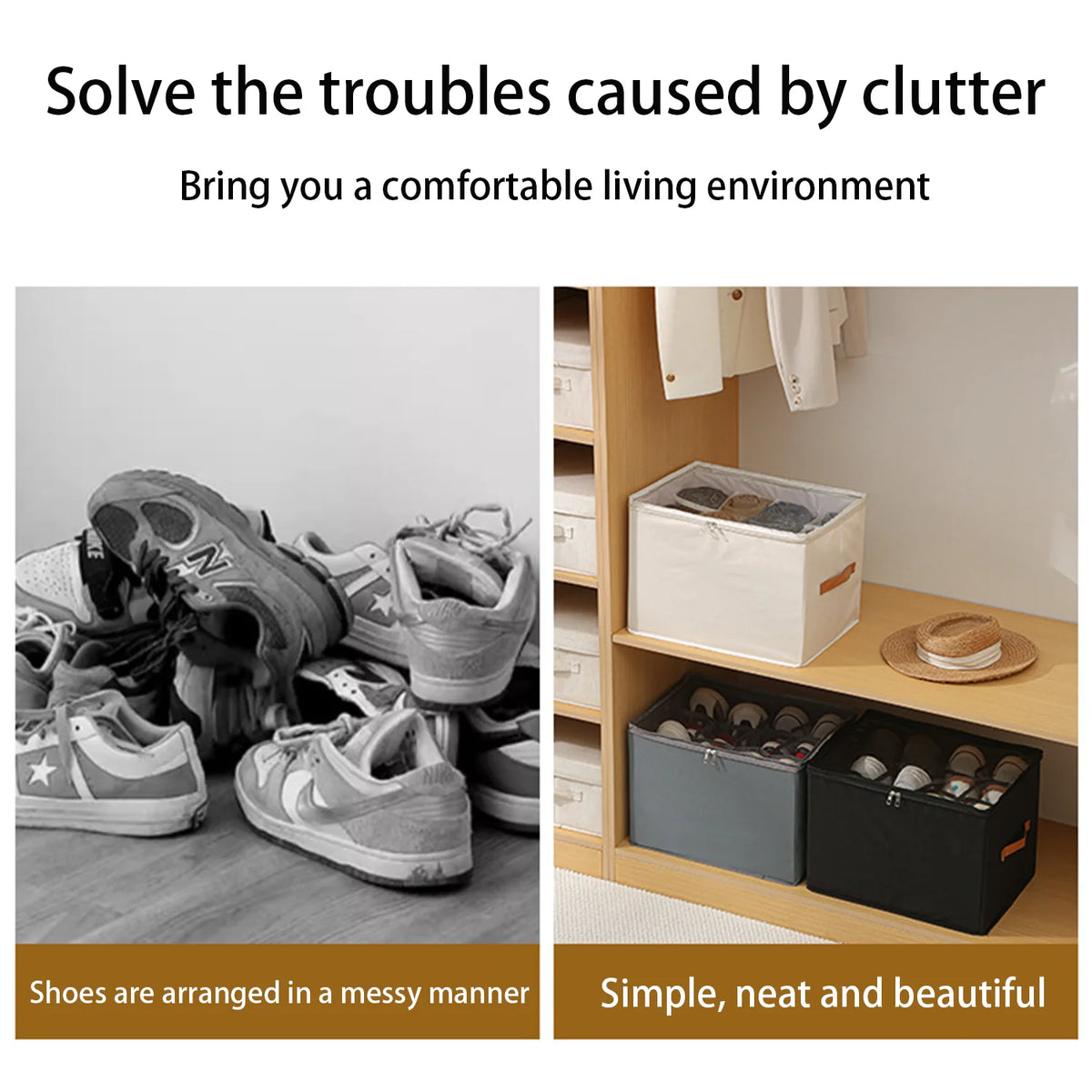 boîte rangement chaussures tissu pliable poignées couvercle entrée chambre maison