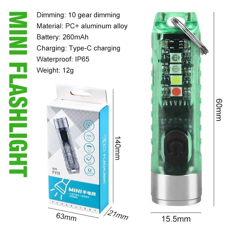 mini lampe poche rechargeable led argentée verte bleue portable annneau porte cle compact