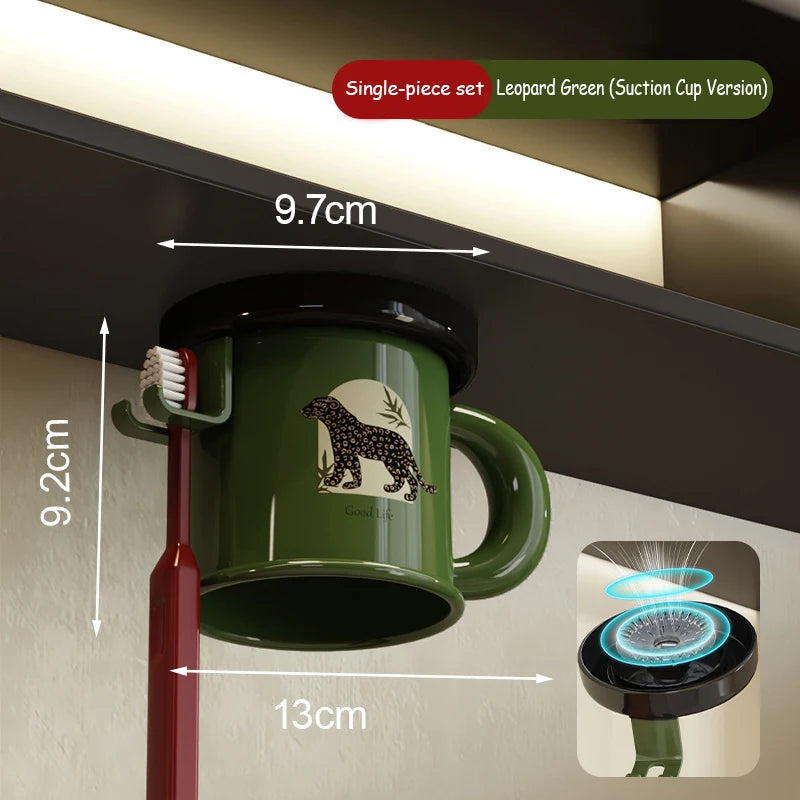 tasse imprimée léopard animal oiseaux texte classique verte rouge beige fixée brosse dentifrice