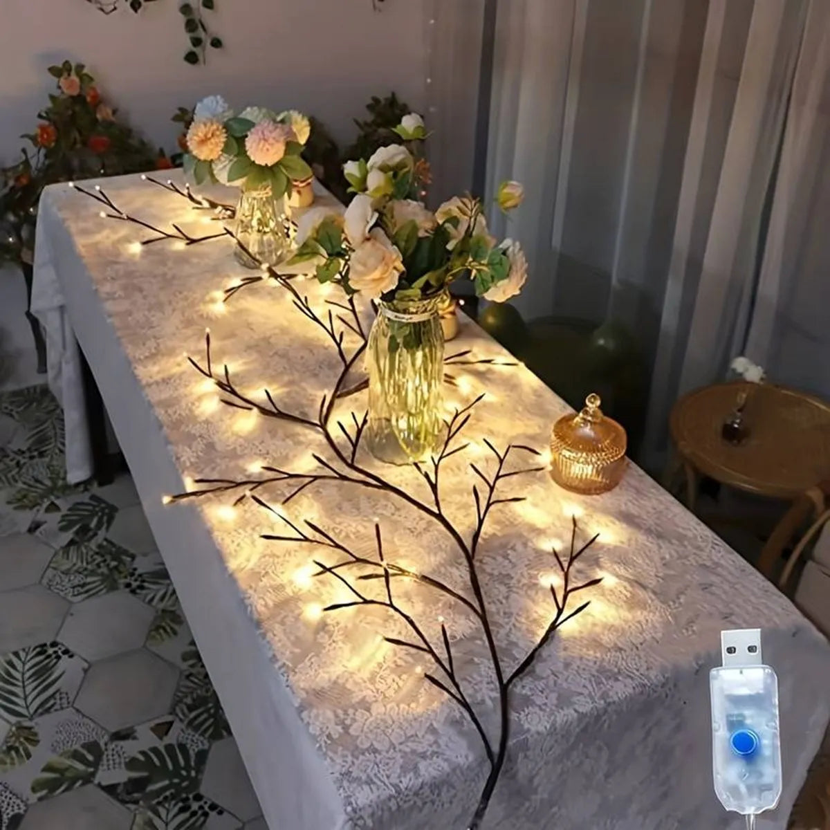 guirlande lumineuse branche naturelle 96 led noir blanc decoration moderne modes usb