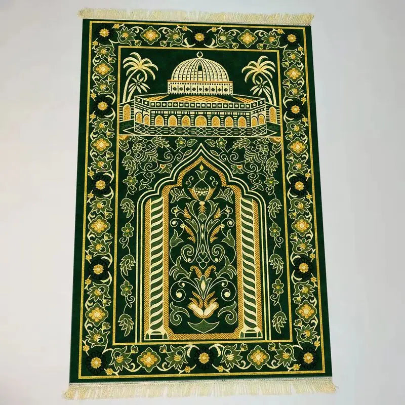 tapis prière musulman vert foncé motif mosquée fleurs dorées velours épais maison