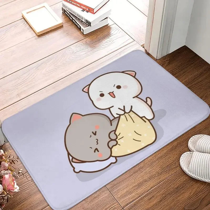 tapis sol moderne motif chat mignon mangeant nouilles rose gris blanc intérieur extérieur