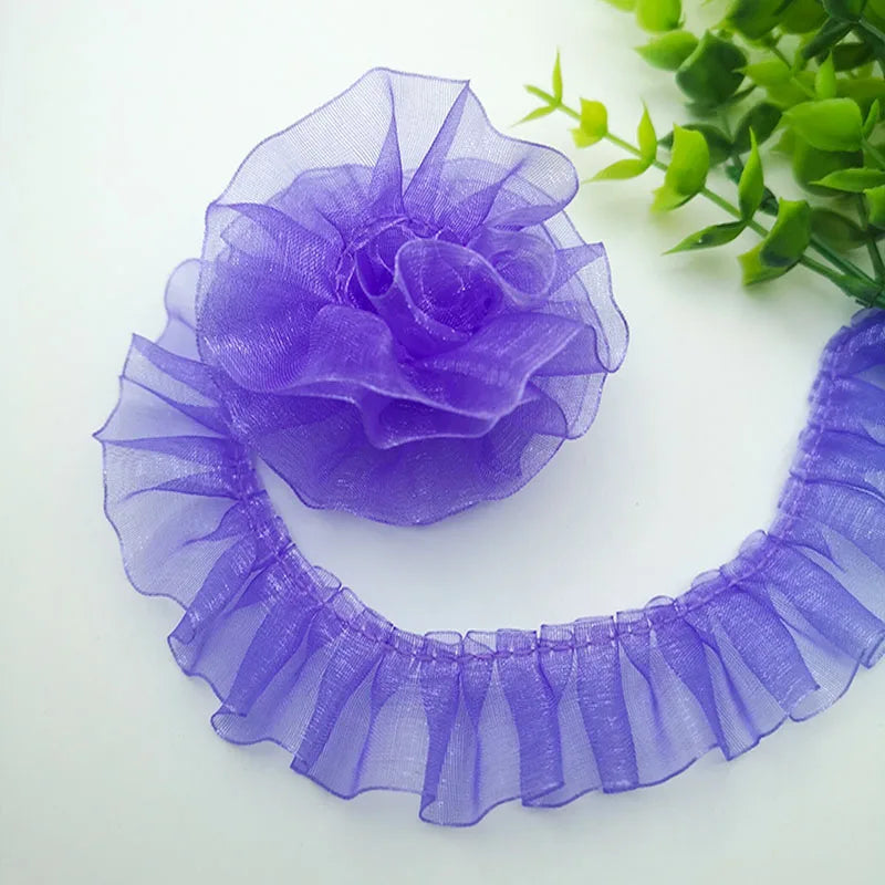 ruban plissé polyester nylon largeur 25mm dentelle organza écologique élastique soluble eau bleu rose