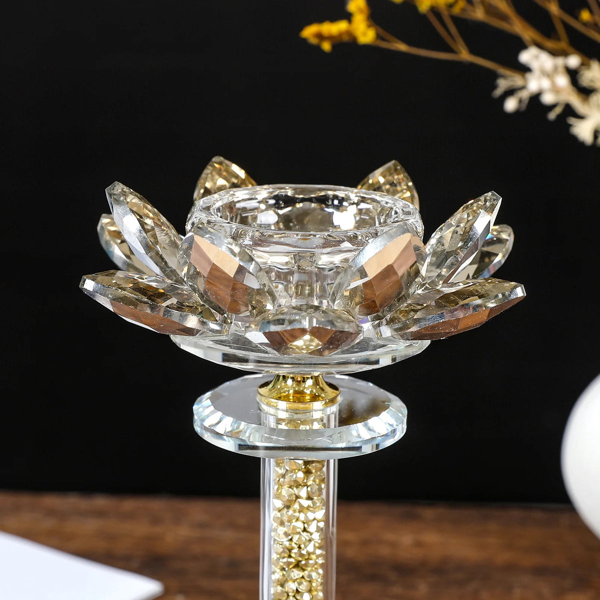 support bougie transparent fleurs lotus doré élégant moderne zen intérieur décoration sophistiquée lumineux chambre