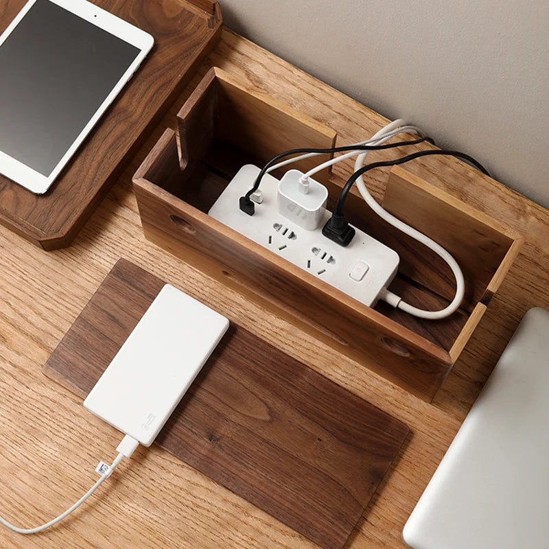 boîte rangement câbles bois marron clair moderne boite chargeur tablette blanc minimaliste