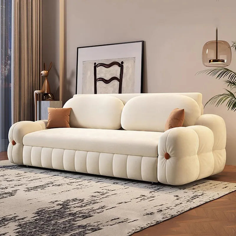 canapé lit moderne beige velours boutons convertible multifonctionnel minimaliste coussins tapis
