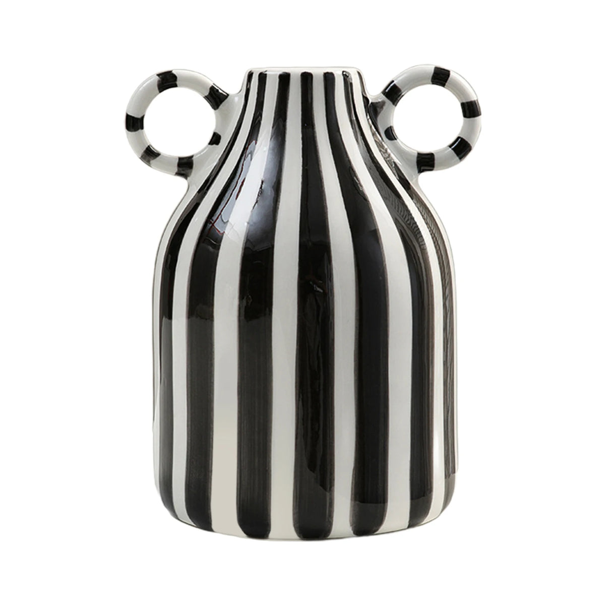 vase moderne céramique rayé bleu clair blanc noir double oreille décoration intérieure fleur hydroponique