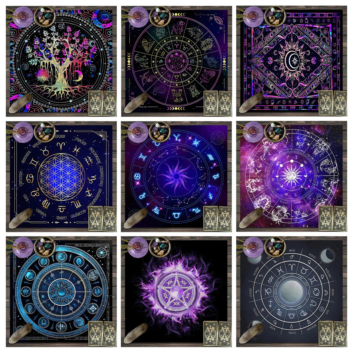 tapis décoratif arbre vie étoiles mystiques tarot printemps été noir bleu violet rose doré