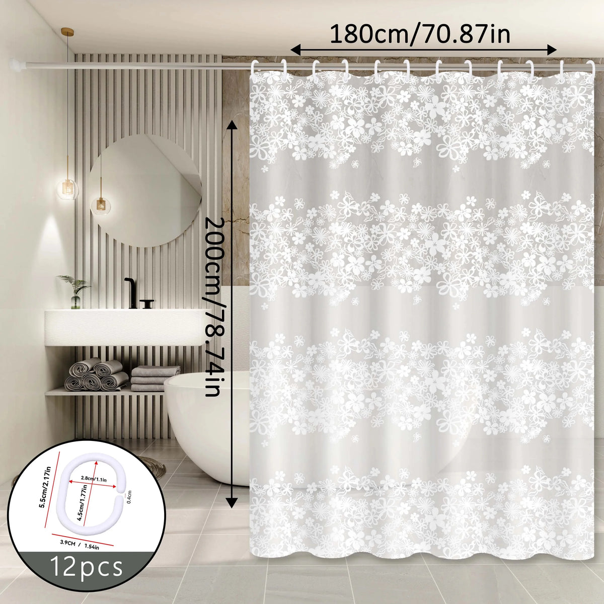 rideau douche blanc moderne motifs fleurs anneaux plastique opaquant 120x180cm